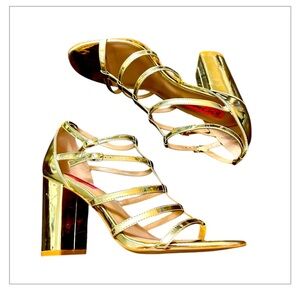 Betsey Johnson Gold Metallic Gladiator Sandals Block High Heels Women’s Size 9